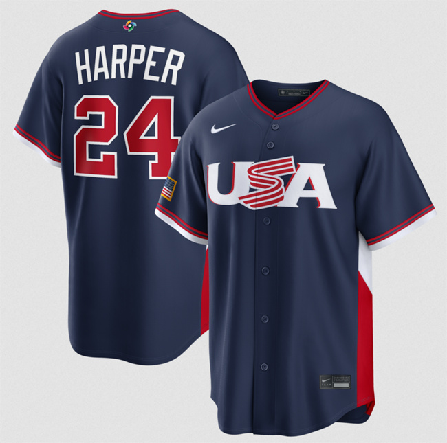 Men's USA Baseball #24 Bryce Harper Navy 2026 World Baseball Classic Road Stadium Stitched Jersey