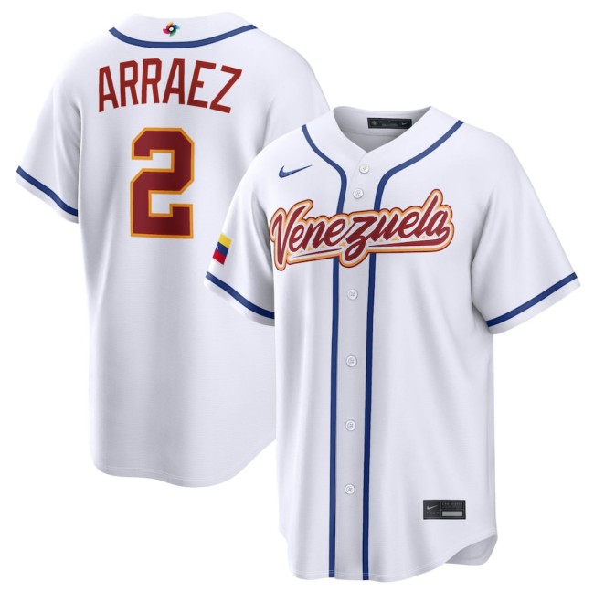 Men's Venezuela Baseball #2 Luis Arraez White 2026 World Baseball Classic Home Stadium Stitched Jersey