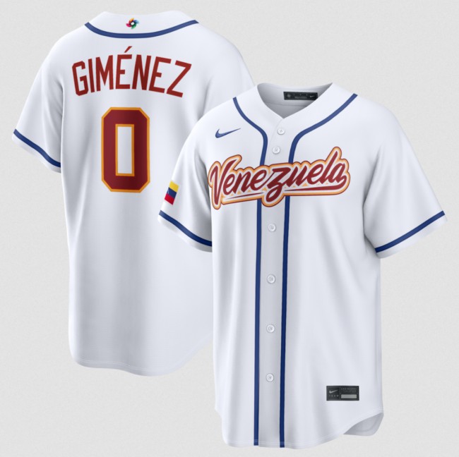 Men's Venezuela Baseball #0 Andrés Gimenez White 2026 World Baseball Classic Home Stadium Stitched Jersey
