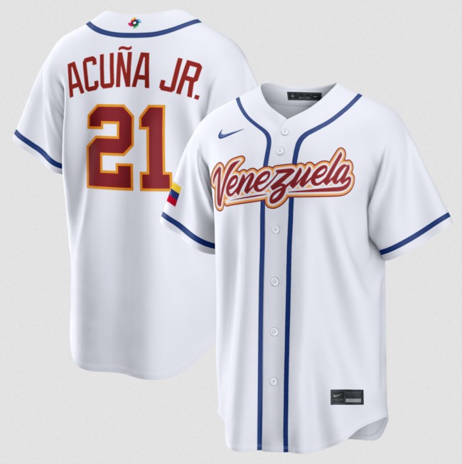 Men's Venezuela Baseball #21 Ronald Acuna Jr.  White 2026 World Baseball Classic Home Stadium Stitched Jersey