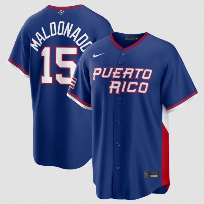 Men's Puerto Rico Baseball #15 Martin Maldonado Blue 2026 World Baseball Classic Road Stadium Stitched Jersey