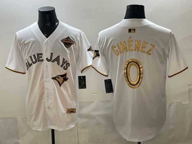 Men's Toronto Blue Jays #0 Andres Gimenez White Gold 2025 American League Champions Vapor Limited Limited Stitched Jersey