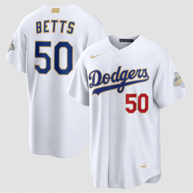 Men's Los Angeles Dodgers #50 Mookie Betts White 2026 Gold Collection Stadium Stitched Baseball Jersey