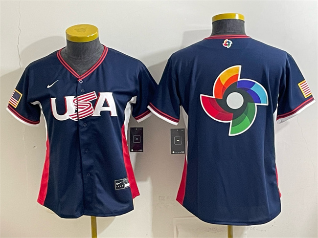 Women's USA Baseball Navy 2026 World Baseball Classic Big Logo Stadium Stitched Baseball Jersey(Run Small)