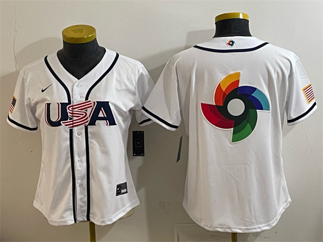 Women's USA Baseball White 2026 World Baseball Classic Big Logo Home Stadium Stitched Baseball Jerseys(Run Small)