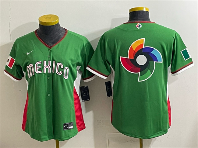 Women's Mexico Baseball Green 2026 World Baseball Classic Big Logo Stadium Stitched Baseball Jerseys(Run Small)