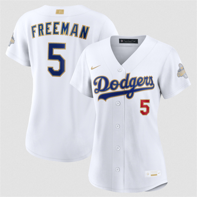 Women's Los Angeles Dodgers #5 Freddie Freeman White 2026 Gold Collection Stadium Stitched Baseball Jersey(Run Small)