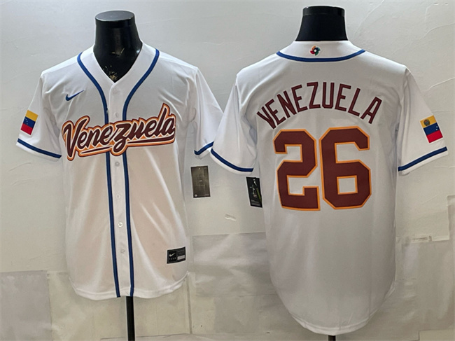 Men's Venezuela Baseball #26 Venezuela White 2026 World Baseball Classic Home Stadium Stitched Jersey
