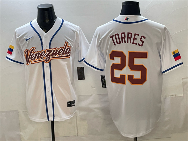 Men's Venezuela Baseball #25 Gleyber Torres White 2026 World Baseball Classic Home Stadium Stitched Jersey
