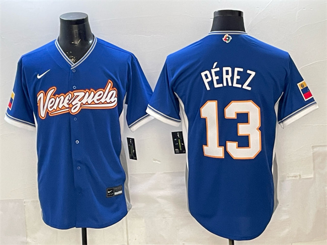 Men's Venezuela Baseball #13 Salvador Perez Royal 2026 World Baseball Classic Road Stadium Stitched Jersey