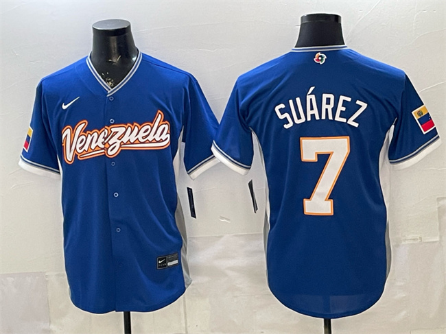 Men's Venezuela Baseball #7 Eugenio Suarez Royal 2026 World Baseball Classic Road Stadium Stitched Jersey