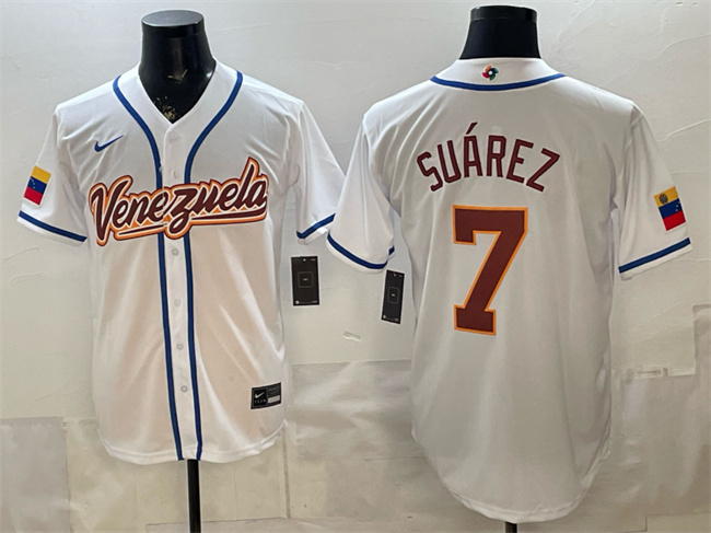 Men's Venezuela Baseball #7 Eugenio Suarez White 2026 World Baseball Classic Home Stadium Stitched Jersey