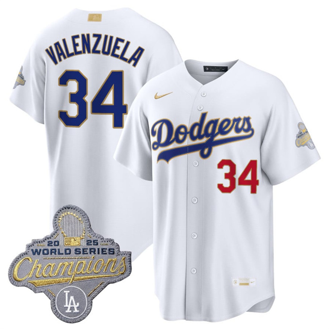 Men's Los Angeles Dodgers #34 Fernando Valenzuela White 2026 Gold Collection Stadium Stitched Baseball Jersey
