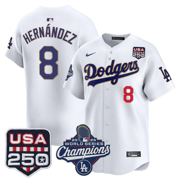 Men's Los Angeles Dodgers 8 Kike Hernandez White 2025 World Series Champions & 250America Patch Stitched Baseball Jersey