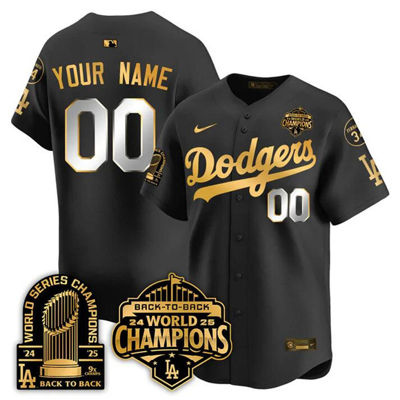 Men's Los Angeles Dodgers ACTIVE PLAYER Custom Black Gold 2025 World Series Champions 9x Champs Patch Vapor Limited Stitched Baseball Jersey