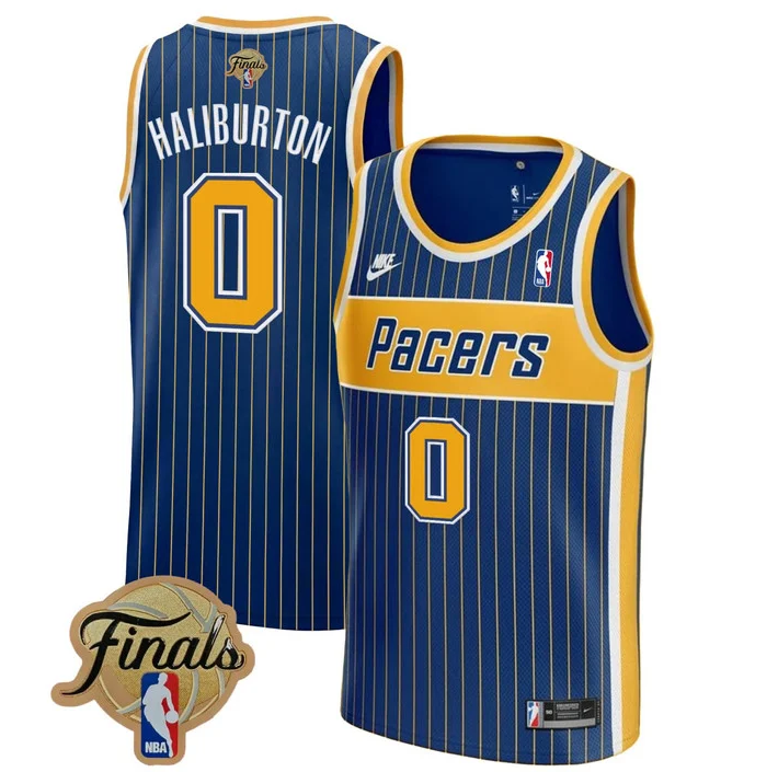 Men's Indiana Pacers #0 Tyrese Haliburton Blue Pinstripe Finals Patch Stitched Jersey