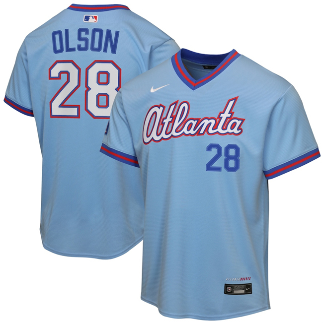 Youth Atlanta Braves #28 Matt Olson Powder Blue 2026 City Connect Stadium Stitched Baseball Jersey