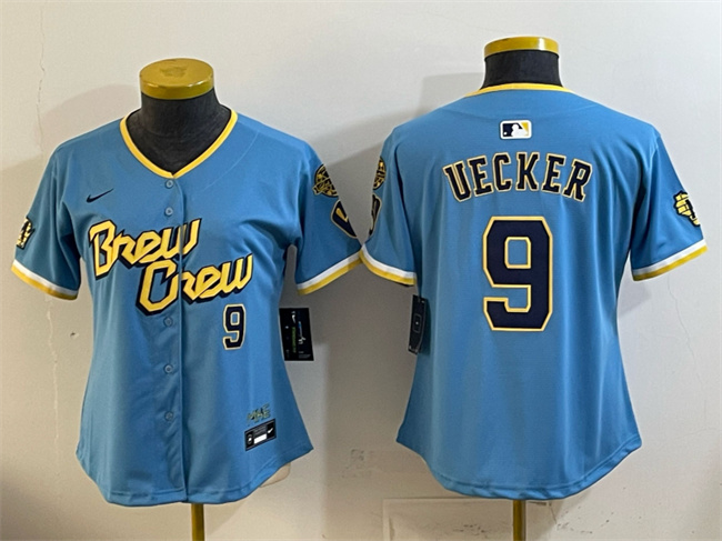Women's Milwaukee Brewers #9 Bob Uecker Powder Blue City Connect Cool Base Stitched Jersey(Run Small)