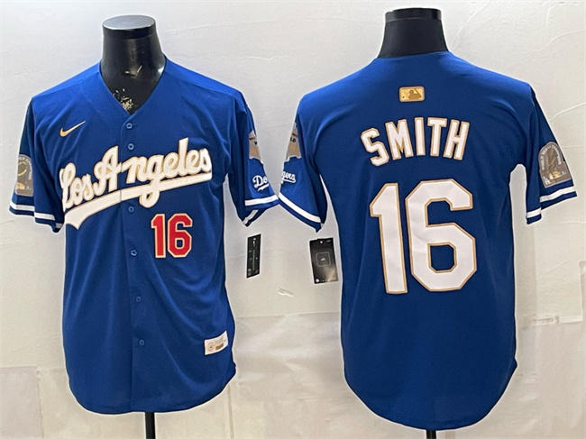 Men's Los Angeles Dodgers #16 Will Smith Royal 2026 Gold Collection 9x & B2B Champs Patch Stitched Baseball Jersey