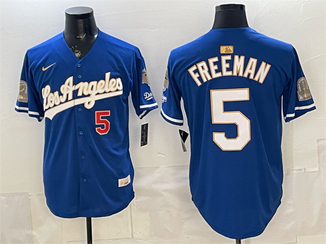 Men's Los Angeles Dodgers #5 Freddie Freeman Royal 2026 Gold Collection 9x & B2B Champs Patch Stitched Baseball Jersey
