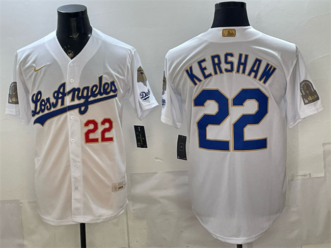 Men's Los Angeles Dodgers #22 Clayton Kershaw White 2026 Gold Collection 9x & B2B Champs Patch Stitched Baseball Jersey