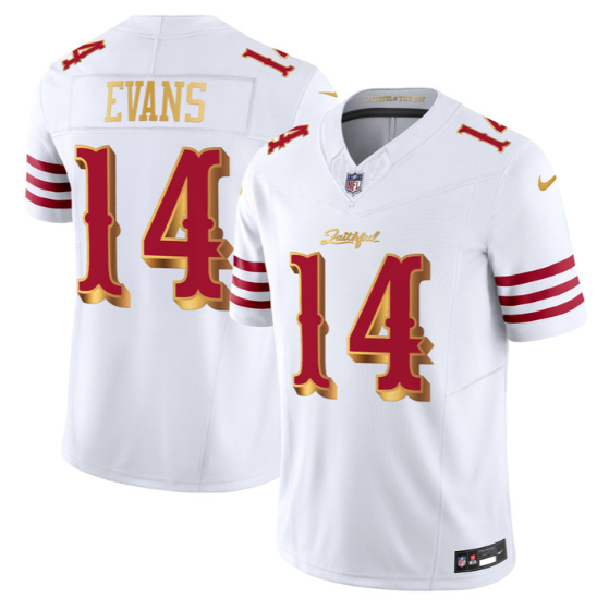 Men's San Francisco 49ers #14 Mike Evans 2026 'Rivalries' White Gold F.U.S.E. Vapor Limited Stitched Jersey