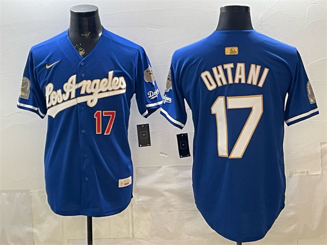 Men's Los Angeles Dodgers #17 Shohei Ohtani Royal 2026 Gold Collection 9x & B2B Champs Patch Stitched Baseball Jersey