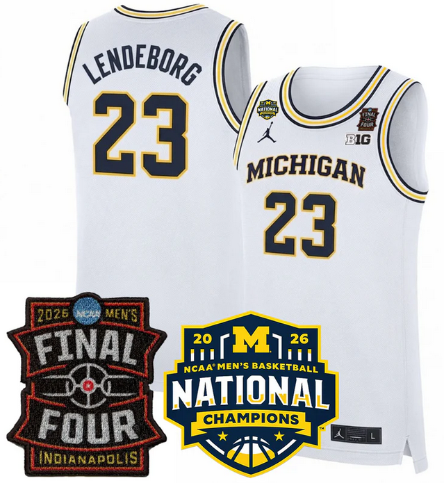 Men's Michigan Wolverines #23 Yaxel Lendeborg White 2025-26 Final Four & National Champions Patch Stitched Basketball Jersey