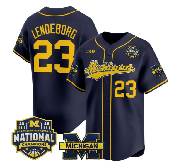 Men's Michigan Wolverines #23 Yaxel Lendeborg Navy 2026 National Champions Patch Limited Stitched Baseball  Jersey