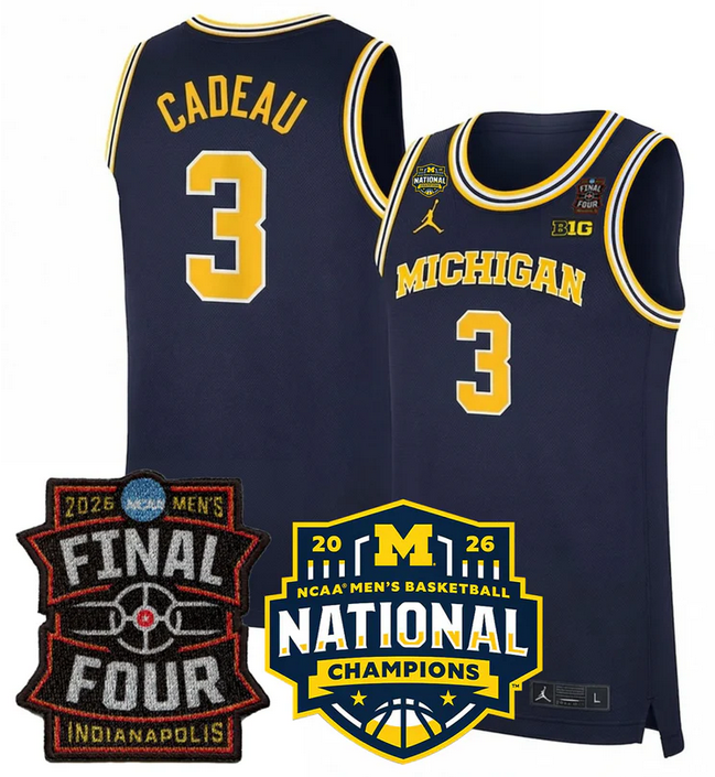 Men's Michigan Wolverines #3 Elliot Cadeau Navy 2025-26 Final Four & National Champions Patch Stitched Basketball Jersey