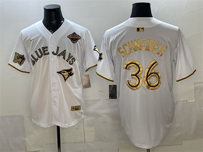 Men's Toronto Blue Jays #36 Davis Schneider White Gold 2025 American League Champions Limited Stitched Baseball Jersey