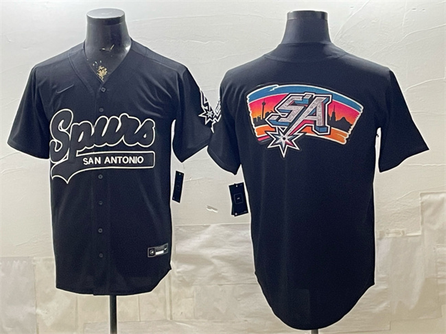 Men's San Antonio Spurs Team Big Logo Black Stitched Baseball Jersey