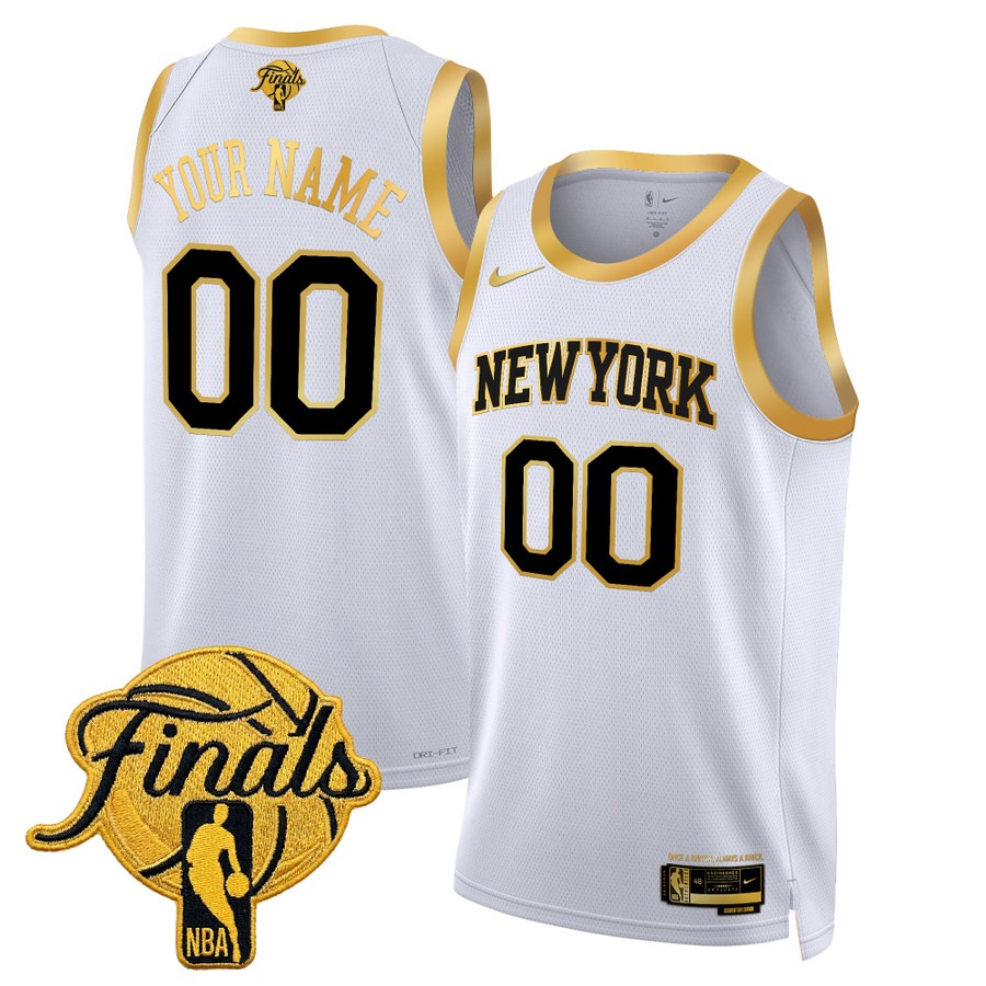 Men's New Yok Knicks Custom White Gold 2026 Finals Patch Stitched Basketball Jersey