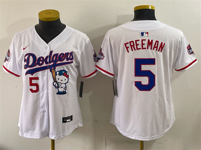 Women's Los Angeles Dodgers #5 Freddie Freeman White Hello Kitty Night 2025 World Series Champions Patch Stitched Baseball Jersey(Run Small)