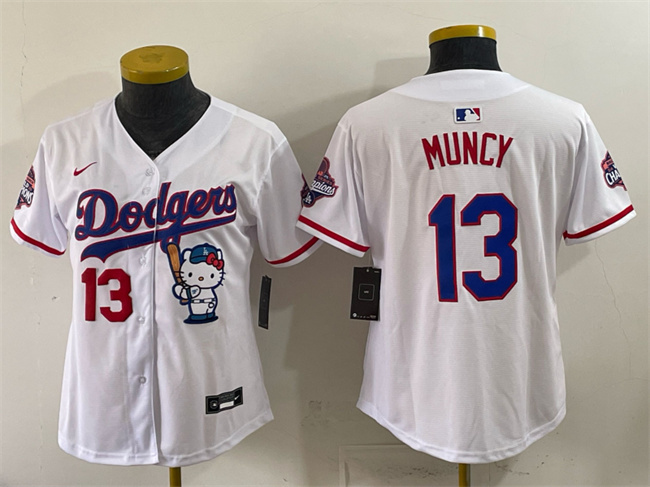 Youth Los Angeles Dodgers #13 Max Muncy White Hello Kitty Night 2025 World Series Champions Patch Stitched Baseball Jersey