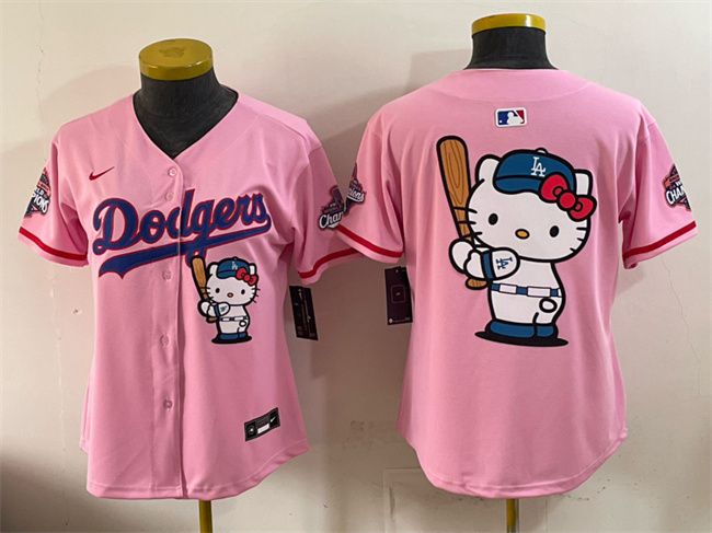 Youth Los Angeles Dodgers Team Big Logo Pink Hello Kitty Night 2025 World Series Champions Patch Stitched Baseball Jersey