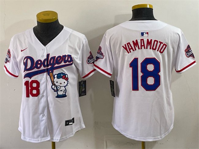 Youth Los Angeles Dodgers #18 Yoshinobu Yamamoto White Hello Kitty Night 2025 World Series Champions Patch Stitched Baseball Jersey