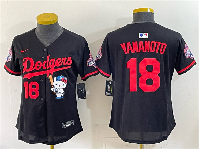 Youth Los Angeles Dodgers #18 Yoshinobu Yamamoto Black Hello Kitty Night 2025 World Series Champions Patch Stitched Baseball Jersey