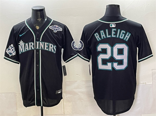 Men's Seattle Mariners #29 Cal Raleigh 50th Anniversary Black Out Style Vapor Premier Limited Stitched Baseball Jersey