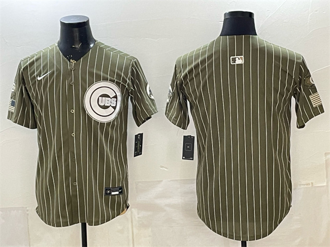 Men's Chicago Cubs Blank Pinstripe Olive 2026 Armed Forces Day Salute To Service Stitched Baseball Jersey