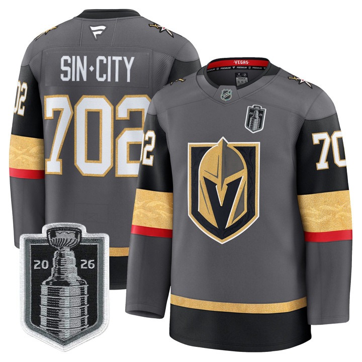 Men's Vegas Golden Knights #702 SinCity Grey 2026 Stanley Cup Final Patch Home Stitched Hockey Jersey