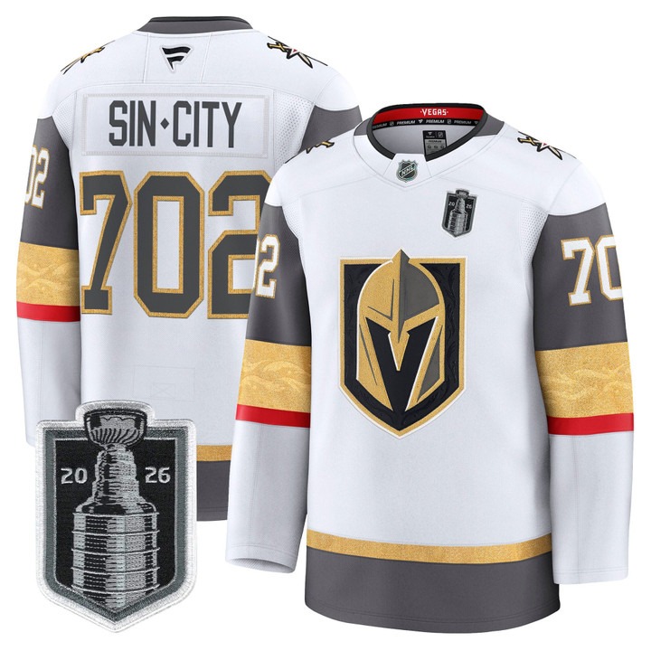 Men's Vegas Golden Knights #702 SinCity White 2026 Stanley Cup Final Patch Home Stitched Hockey Jersey