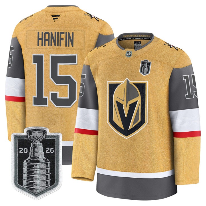 Men's Vegas Golden Knights #15 Noah Hanifin Gold 2026 Stanley Cup Final Patch Home Stitched Hockey Jersey