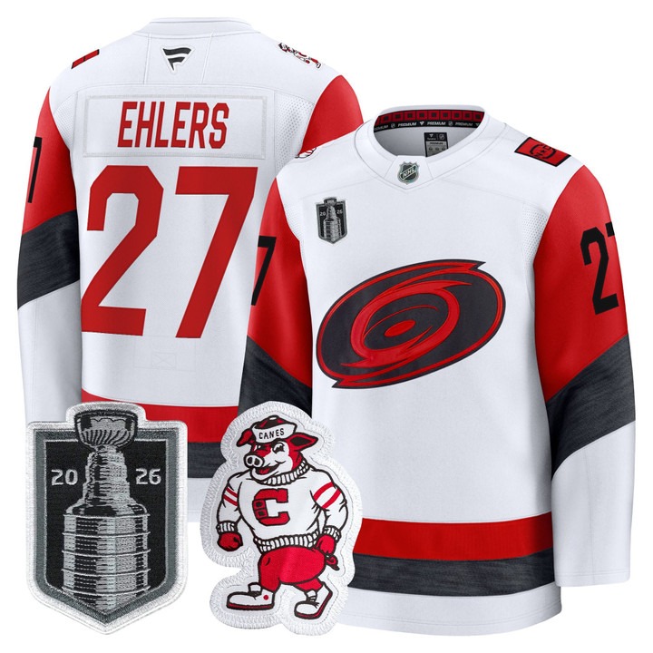 Men's Carolina Hurricanes #27 Nikolaj Ehlers White 2026 Stanley Cup Final Home Premium Hockey Stitched Jersey