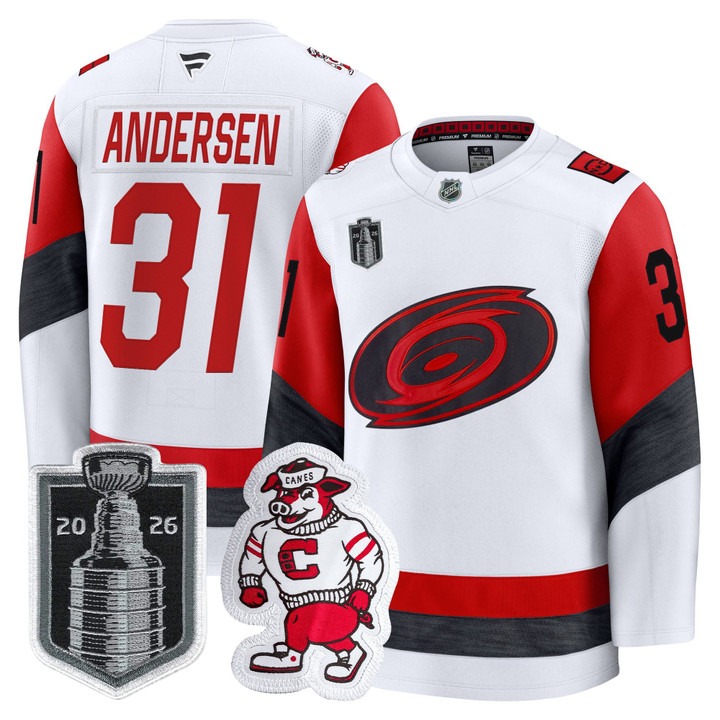 Men's Carolina Hurricanes #31 Frederik Andersen White 2026 Stanley Cup Final Home Premium Hockey Stitched Jersey