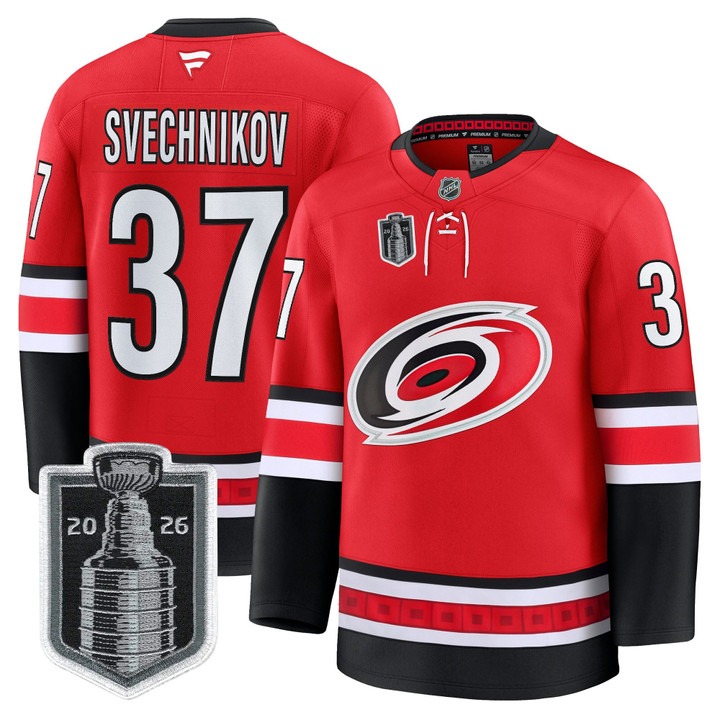 Men's Carolina Hurricanes #37 Andrei Svechnikov Red 2026 Stanley Cup Final Home Premium Hockey Stitched Jersey