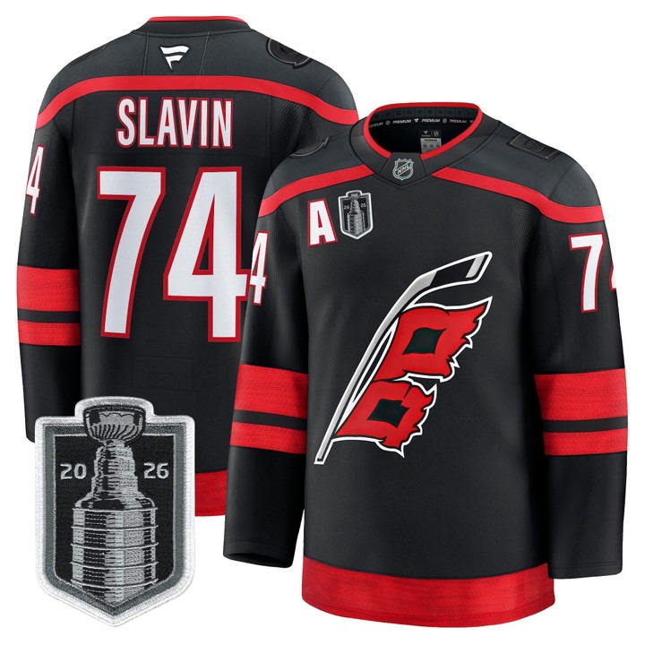 Men's Carolina Hurricanes #74 Jaccob Slavin Black 2026 Stanley Cup Final Home Premium Hockey Stitched Jersey