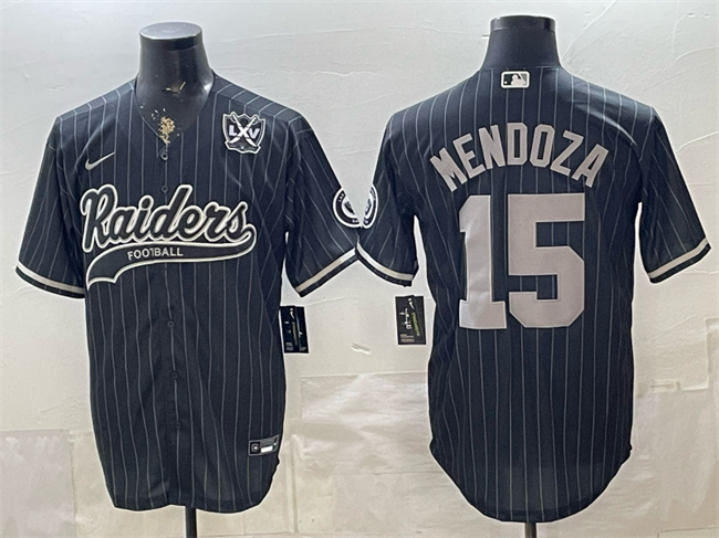 Men's Las Vegas Raiders #15 Fernando Mendoza Black 65th Anniversary Patch Cool Base Stitched Baseball Jersey