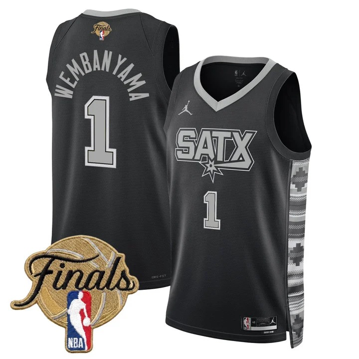 Men's San Antonio Spurs #1 Victor Wembanyama Black 2026 Finals Statement Swingman Stitched Jersey