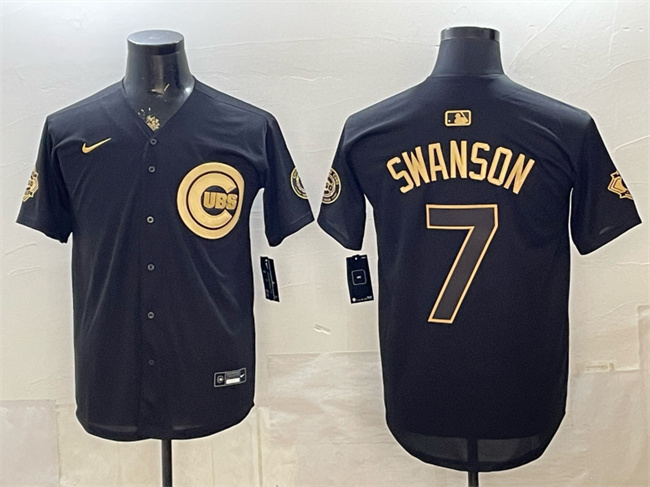 Men's Chicago Cubs #7 Dansby Swanson Black Gold 150th Anniversary Patch Stitched Baseball Jersey